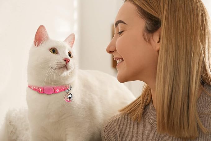 2PCS Breakaway Cat Collars with Bell Cute Kitty Glow in The Dark Adjustable Kitten Collars 7.9-13.0 Inch(Teal&Pink)