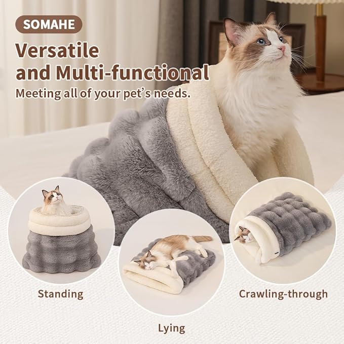 Self-Warming Cat Sleeping Bag, Enclosed Hooded Snuggle Sack with Dual-Side Plush Cat Cave Bed, Portable Foldable Pet Sleeping Pod for Indoor & Travel, Anti-Static, 21.7"x17.7"Beige