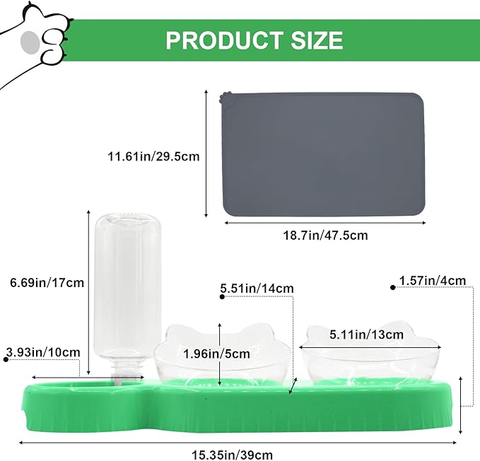 Triple Cat Bowls with Water Dispenser, Pet Whisker Friendly Water and Food Bowl Set with Non-Slip Mat, 15° Tilted Double Feeding Bowls, Elevated Wet and Dry Food Dish for Kitten&Small Dog (Mint)