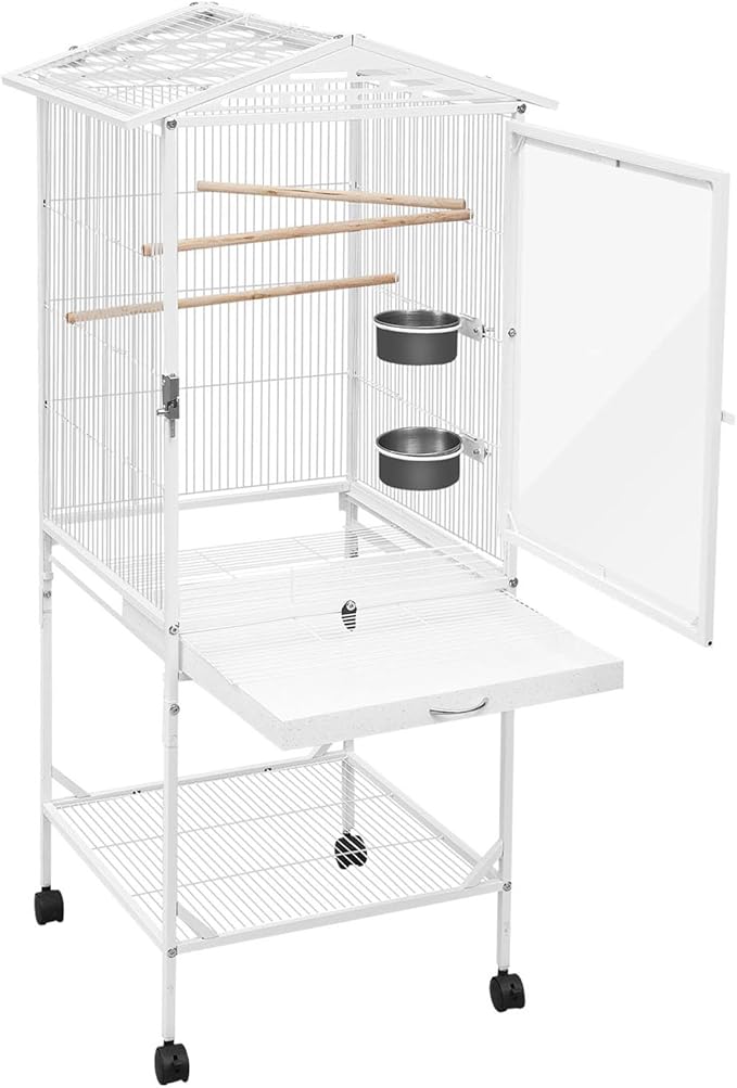 53.5 Inch Iron Bird Cage, Large Bird Aviary with Wheels for Parakeets, White Bird House with Detachable Stand and Pull-Out Tray for Cockatiels, Parrots, Lovebirds, Canaries