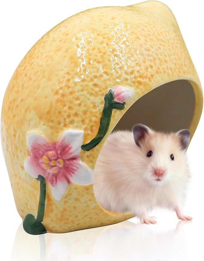 Hamster Houses and Hideouts, Ceramic Lemon Shape Hamster Hide, Small Animal Habitat Decor, Cage Accessories for Hamster, Gerbil, Gecko, Rat and Other Small Animals