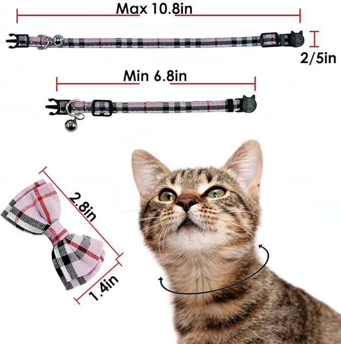 Cat Collar Breakaway with Bell and Bow Tie, Plaid Design Adjustable Safety Kitty Kitten Collars(6.8-10.8in) (Pink Plaid 1)