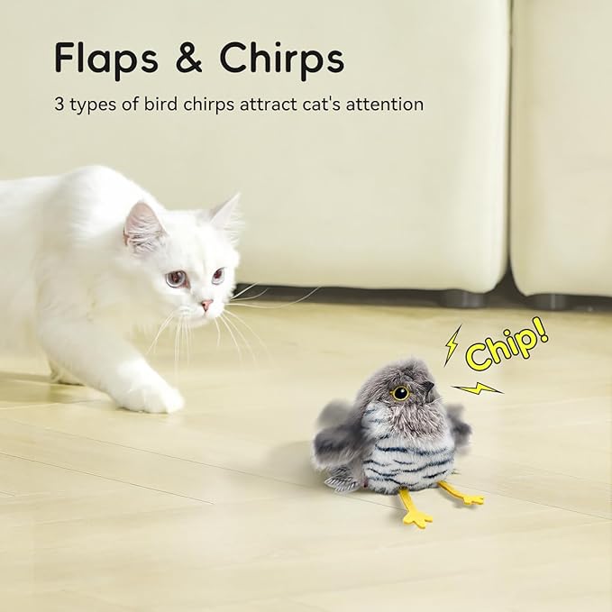 Petgravity Flapping Bird Cat Toy, Lifelike Chirp Tweet Kitten Toy, Rechargeable Touch Activated Cat Toy Interactive Catnip Toy Exercise Toy for All Breeds 5.1" (White)