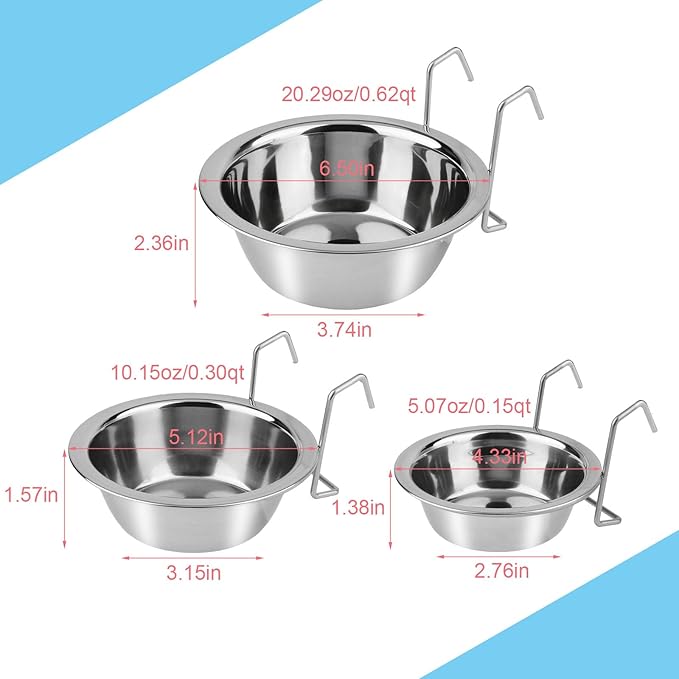 Hypeety Stainless Steel Food Water Cup with Bolt Hooks for Pet Bird Crates Cages Coop Dog Cat Parrot Bird Rabbit Pet (Large,16.5cm)