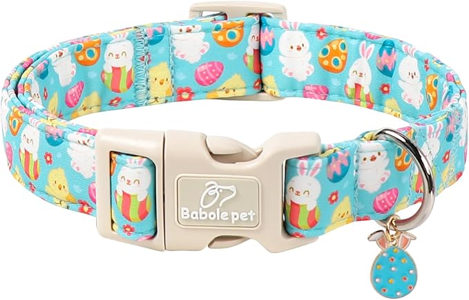 Easter Dog Collar for Medium Dogs - Cute Easter Egg Hunt Dog Collars for Boy Girl Dogs, Playful Bunny & Chick Print, Lightweight Adjustable Spring Holiday Dog Collar M
