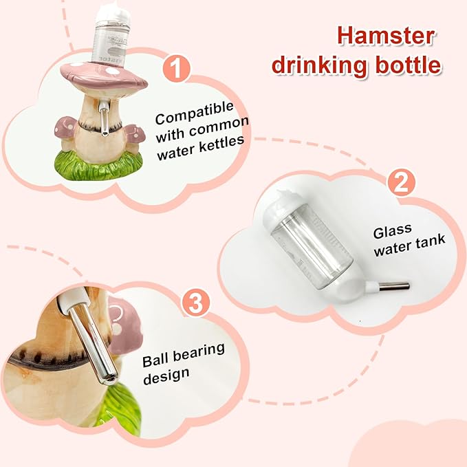 Mushroom Ceramic Hamster Hideout, Water Bottle with Stand, Food Bowl, Hamster Accessories (Pink)