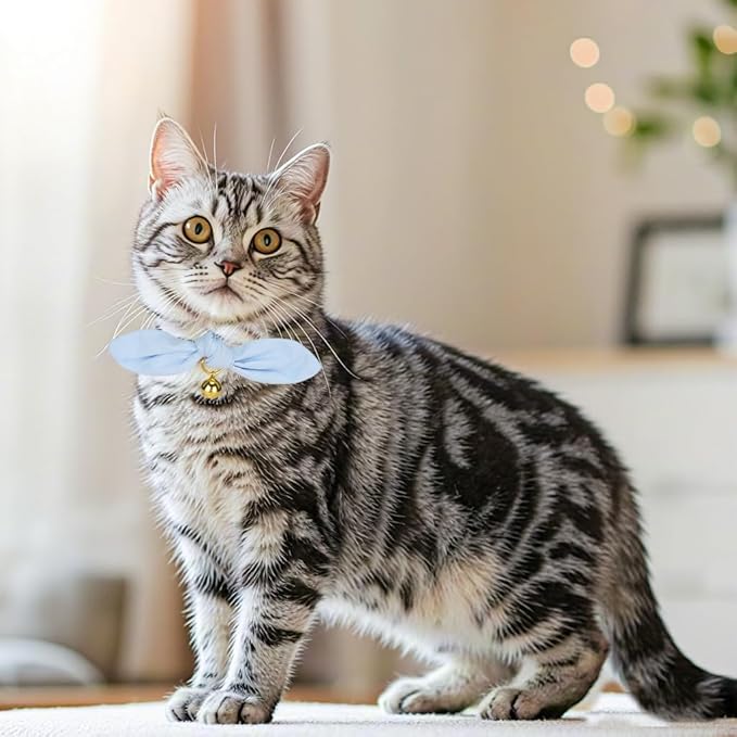 Bunny Ear Cat Collar with Bell and Bow Tie, Breakaway Cute Bowtie Kitten Collars(Blue)