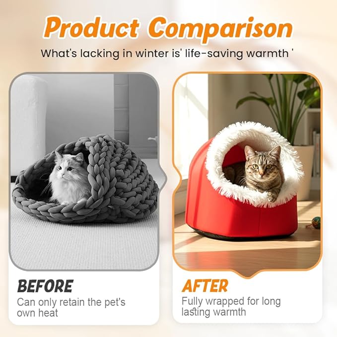 Winter Warm Pet Cave Bed, 2026 New Soft Plush Cozy Indoor Nest for Cats and Small Dogs, Removable Cushion Warming Pets Cozy Enclosed Cat House with Non-Slip Bottom for Winter (Brown, Large)