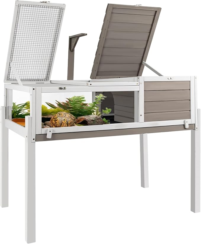 Tortoise Habitat Tank Indoor Outdoor, Wooden Tortoise House with Detachable Legs, 2-Room Reptile Turtle Enclosure Cage for Small Animals, Lamp Holder,Leakproof Tray, Grey