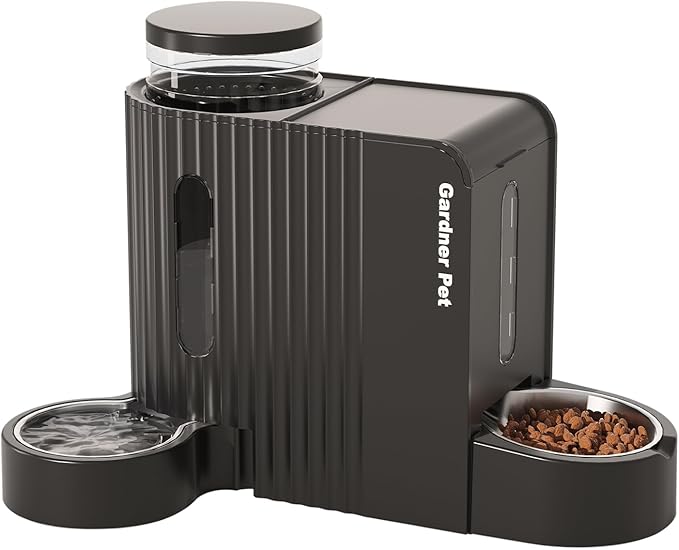 Gardner Pet Gravity Automatic 2-in-1 Pet Feeder, 0.8 Gallons*2 Cat Feeder and Water Dispenser Set, 100% BPA-Free and Stainless Steel Water Bowl for Dogs, Cats, Rabbits, Puppies (Black)