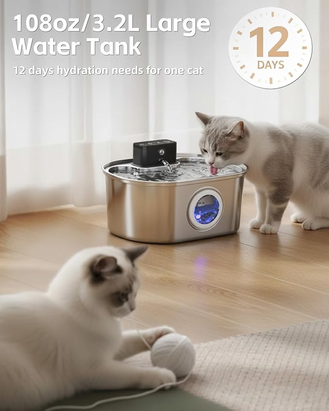 Cat Water Fountain Cordless, Stainless Steel Pet Water Fountain Wireless – 3.2L/108oz Battery Operated Automatic Water Dispenser for Cats Indoor, with Motion Sensor & Quiet Pump (4 Filter & Sponge)
