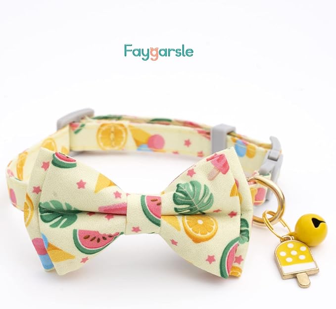 Faygarsle 2 Pack Cute Cat Collar with Bell Breakaway Bowtie for Male Female Cats Soft Fancy Blue Yellow with Ice Cream Sea Pattern Summer Cat Collar for Boy Girl Cats