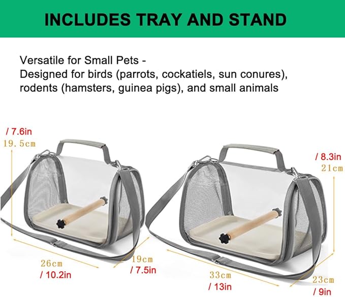 Portable Small Pet Carrier Bag – Travel Bird Cage for Parrots, Parakeets, Cockatiels, Hamsters, Lizard and Vet Visit with Shoulder Straps & Side Access (Excludes tray and stand, Gray, 10.2*7.5*7.6in)