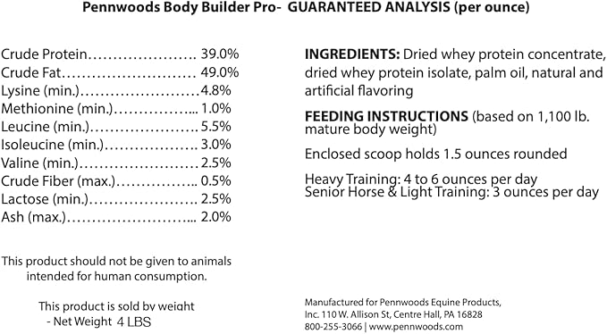Pennwoods Body Builder Pro, Horse Weight Gain Supplement, Premium High Fat Energy Booster, with Whey Isolate and Concentrate Protein, 4lb Bag