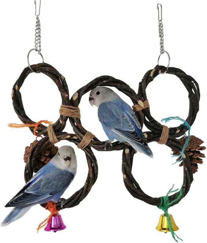 Circle Straw Bird Swing Stand Bird Perches Stand Hanging Chewing Toy for Parrots Bird Playground Cage Accessories Climbing Rope Net Ladders for Foraging Toys（Random Color） (4 Rings)