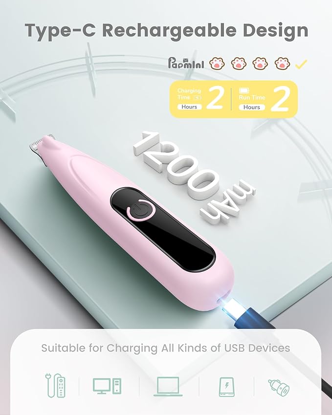 Dog Paw Trimmer with LED Display,35dB Ultra-Low Noise Dog Grooming Clippers,Cordless Paw Trimmers for Dog's Feet with LED Light,Type-C Rechargeable Cat Hair Trimmer for Paws, Ears, Face, Rump