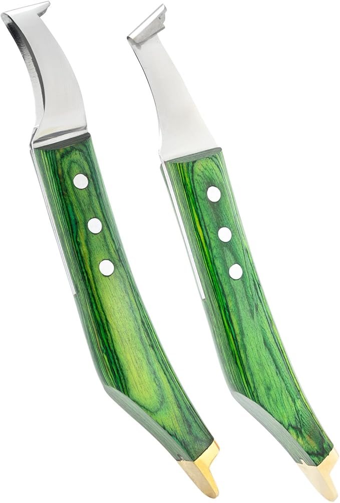 Premium Farrier Loop & Hoof Knife with Brass End – Professional Hoof Trimming Tool for Horses, Cows & Livestock, Stainless Steel Blade, Ergonomic Wood Handle (Green)
