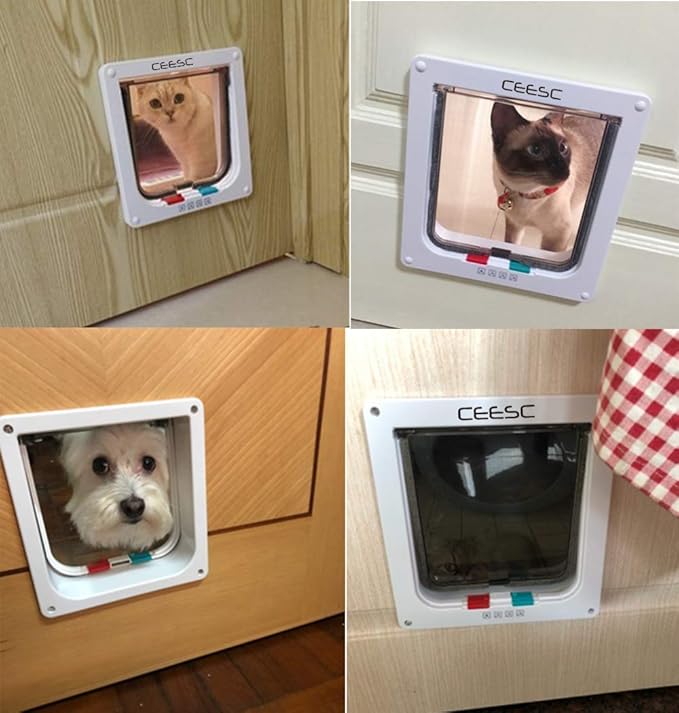 CEESC Extra Large Cat Door (Outer Size 11"x9.8"), Weatherproof, White, ABS Material, 4-Way Locking Flap for Cats & Dogs up to 25.54 lbs