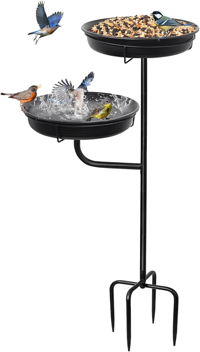 Freestanding Birdbaths Bowl Outdoor, Standing Garden Bird Bath Bird Feeder & Bird Bath Bowl, Detachable Decoration Spa Birdfeeder for Garden Patio Yard Lawn, 4 Spiky Metal Stake (Black)