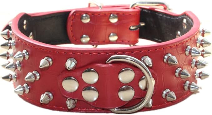 Serijoars Spiked Studded Dog Collar, PU Leather Dog Collar, Adjustable Pet Collars for Medium or Large Breed Pet (XL, Red1)