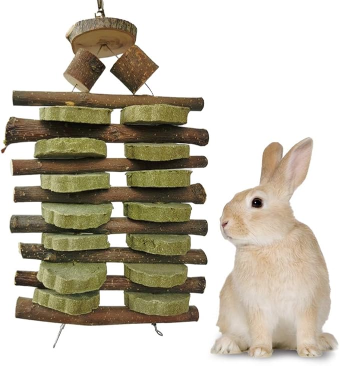 Bunny Chew Toys for Teeth Organic Fruitwood Sticks for Bunny Rabbits Chinchilla Guinea Pigs Hamsters Parrots and Other Small Animals Chewing and Playing Pet Snacks Toys with Grass Cake