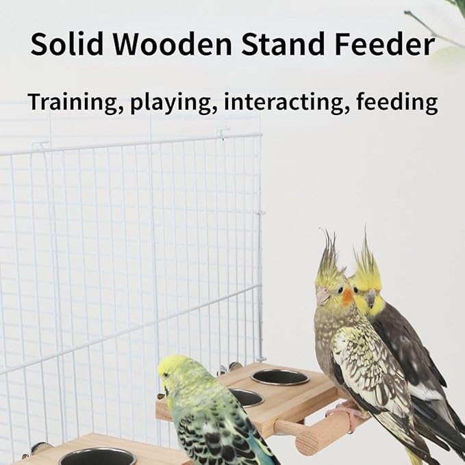 Bird Food Stainless Steel Cups Wooden Perch Stand Hanging Feeder Bowls Feeding and Watering Supplies for Parakeets Conures Cockatiels Budgie Parrot (L)
