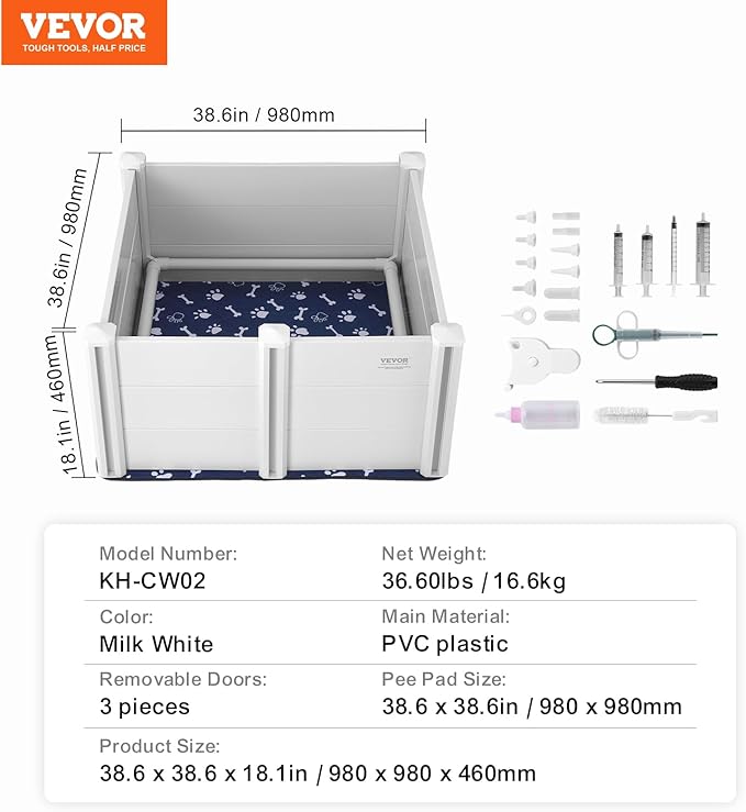 VEVOR Whelping Box for Dog, 38.6 x 38.6 x 18.1in Whelping Pen for Puppies, Dog Birthing Box with Rails and Washable Pee Pad, Whelping Box for Medium Breed Dogs, White