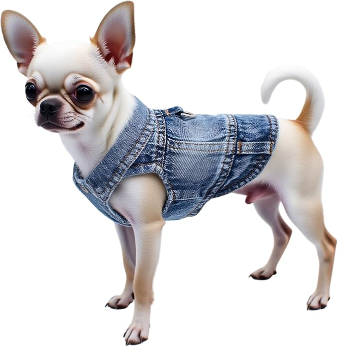 Puppy Clothes for Small Dogs Boy,Classic Western Denim Dog Coat,Dog Jeans Jacket with Leash D-Ring,Pet Cat Costumes,Cooling Harness Vest for Walking (Blue, X-Small)