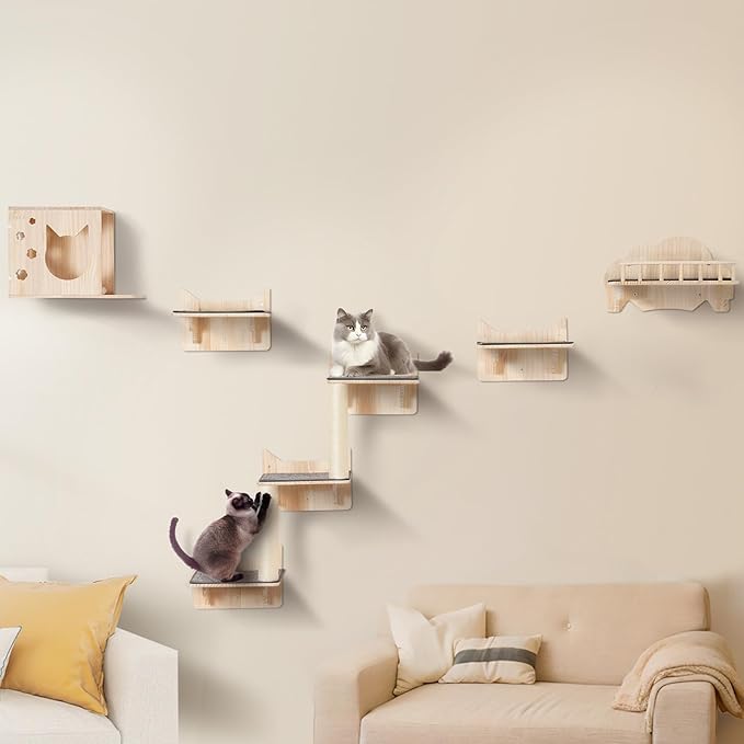 VEVOR Wall Mounted Cat Shelves and Perches with Jumping Boards, Nest, Barrier Board & Tree, Floating Furniture up to 40 lbs for Sleeping, Playing, Climbing, Set of 5