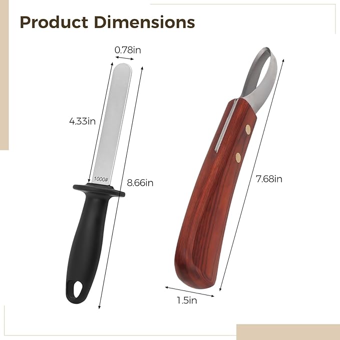 2 Pcs Professional Farrier Hoof Trimming Kit, Curved Knife, Dual Grit Diamond Sharpening Rod, Ergonomic Handle for Livestock Care, Long-Lasting Tools
