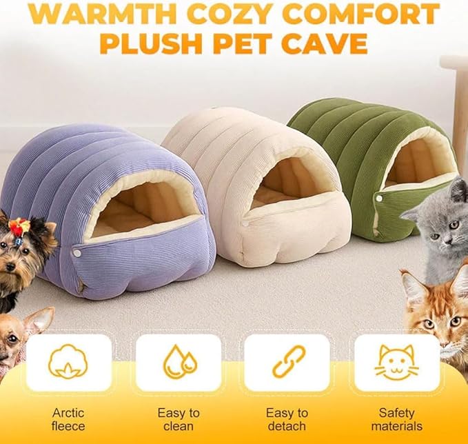 CutyPet Winter Cave,Warmth Cozy Comfort Plush Pet Cave,Cute Cozy Safe Hideaway Cat Bed with Removable Cushion,Warm Soft Removable Washable for Cats and Dogs (Purple, L:22.44 * 14.56 * 11.02 in)
