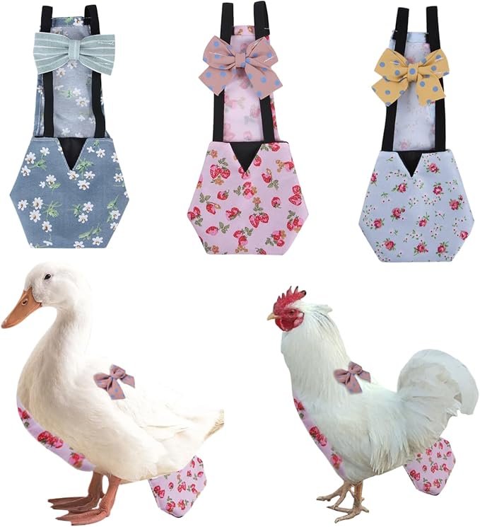 MANON ROSA Chicken Diapers Bantam Hens - Reusable 3-Piece Set with Bow Ties Poultry Nappies Washable Waterproof for Geese Pet Ducks Silkie (Floral L)