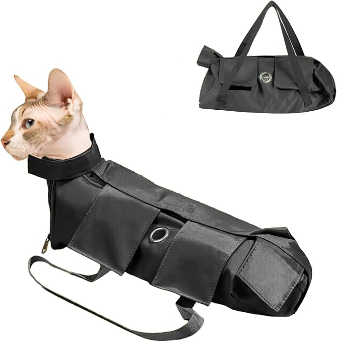 HDKUW Cat Grooming Bag,Foldable Travel Carrier for Cats,Anti-Bite Anti-Scratch Cat Grooming Restraint Bag,Pet Carrier for Administering Eye Drops,Ear Cleaner,Clipping Nails (Black, L)