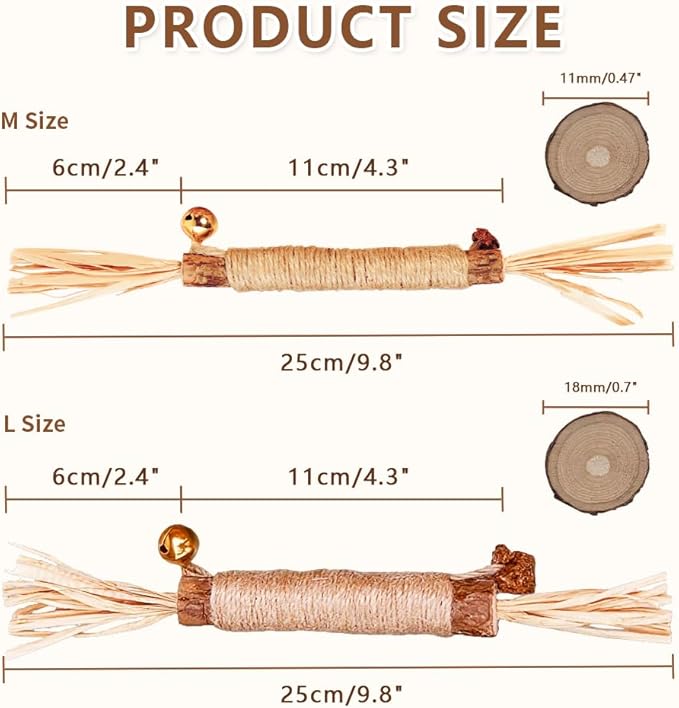 Natural Dried Matatabi Cat Chew Stick with Gall Fruit, Raffia Grass & Cat Bell Ball Toys, Handmade Silvervine Sticks Interactive Catnip Toys for Teething & Entertainment (Size L Color D)