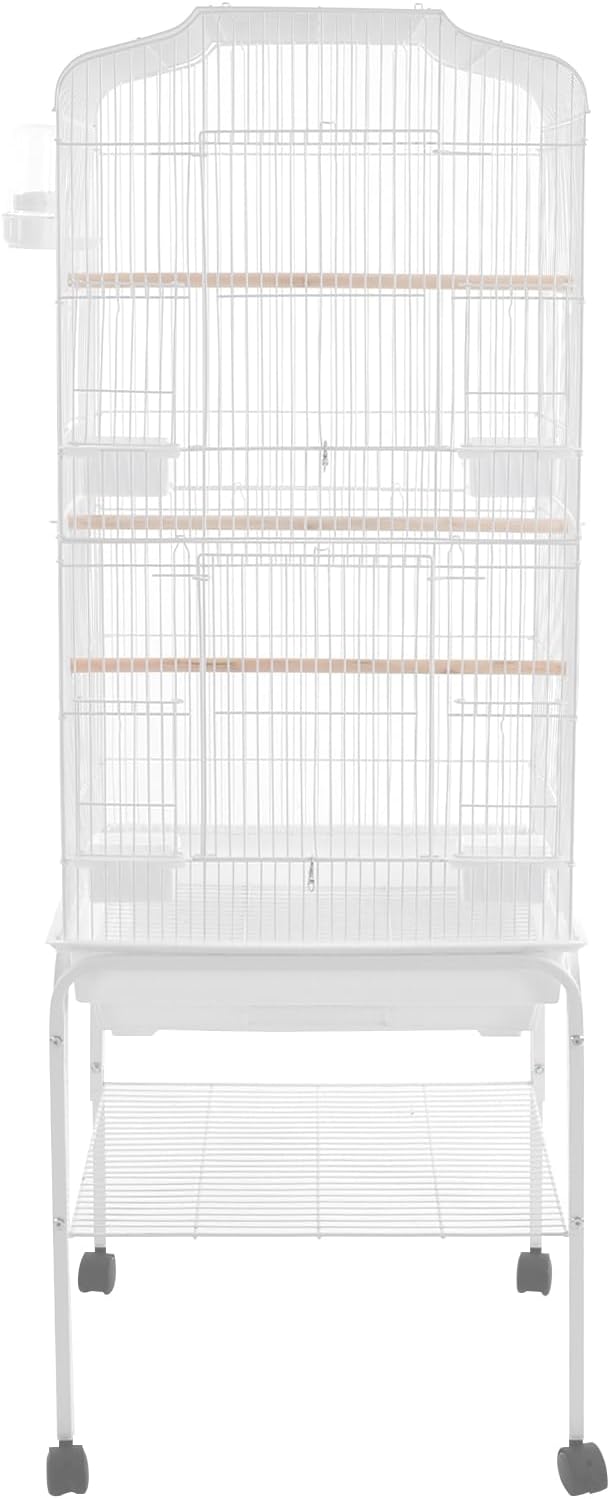 Freestanding Bird Cage Large Bird Cage with 4 Feeding Bowls & Waterer & 4 Universal Wheels & 2*Brake & Storage Rack & Slide-Out Tray & Mesh Panel Budgie Aviary for Balconies, in Homes, Shop（White）
