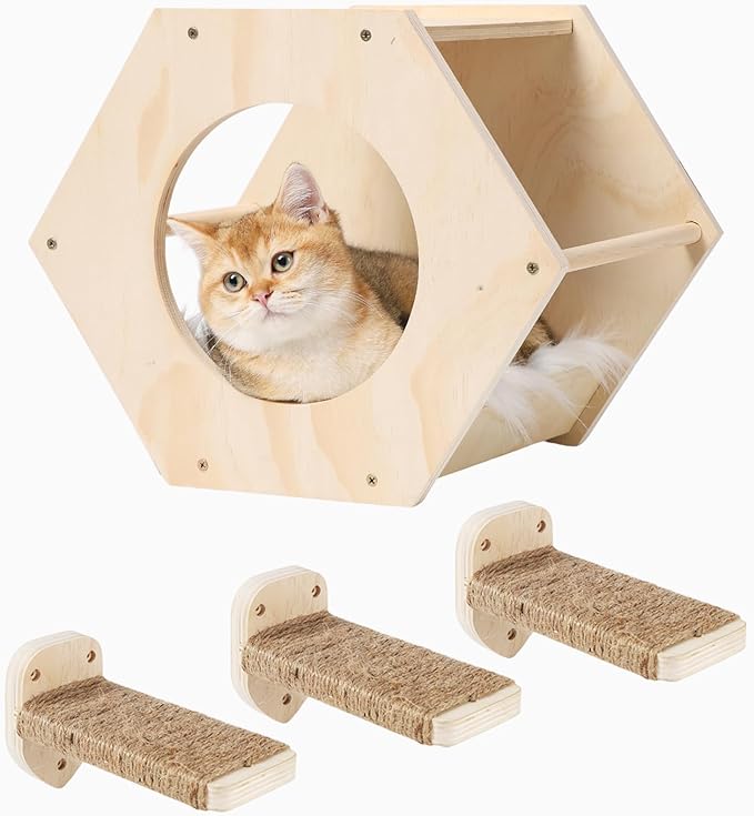 KATRIS Cat Shelves with 3 Steps Scratcher Post & Hammock, Wall Mounted Climbing Shelf for Indoor Cats (Wood)