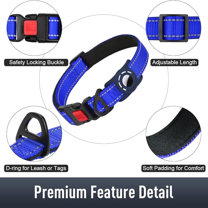 Airtag Dog Collar with AirTag Holder for Small Dogs, Reflective, Soft Padded & Safety Locking Buckle, Nylon Pet Collars Adjustable for All Breeds, NavyBlue,S