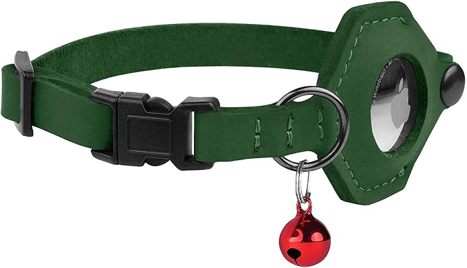 Breakaway Airtag Cat Collar with Removable Bell - Leather Pet Collar with Apple Air Tag Holder - Adjustable GPS Collars for Girl Boy Cats Kitten Puppy - Lightweight, Cute and Comfortable (Emerald)