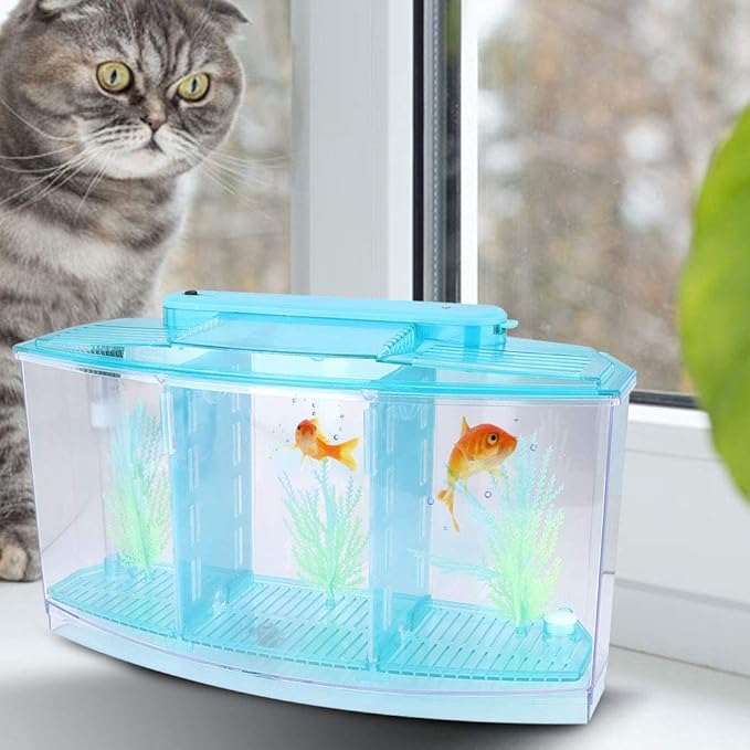 Betta Fish Tank, Adjustable Light Isolation Acrylic Small Aquarium with LED Light, Small Fish Tank Starter Kit, Beta Fish Tank with Water Change Valve for Office Home Room Decor (Blue)