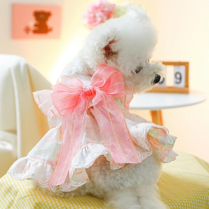 Pink Dog Dress for Small Dog Girl Spring Puppy Clothes with Bow Puff Sleeves Cat Outfit Doggy Princess with Leash Ring Doggies Harness Dress Summer Pet Apparel (Pink, Small)