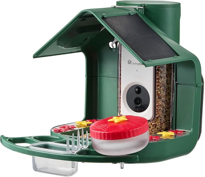 LivingSURE 2-in-1 Smart Bird Feeder with Camera Outdoor Solar Powered Smart Birdfeeder Live Stream Video Camera with AI Recognition for Outside Wild Birds Garden Decor - Bird Lover Gifts
