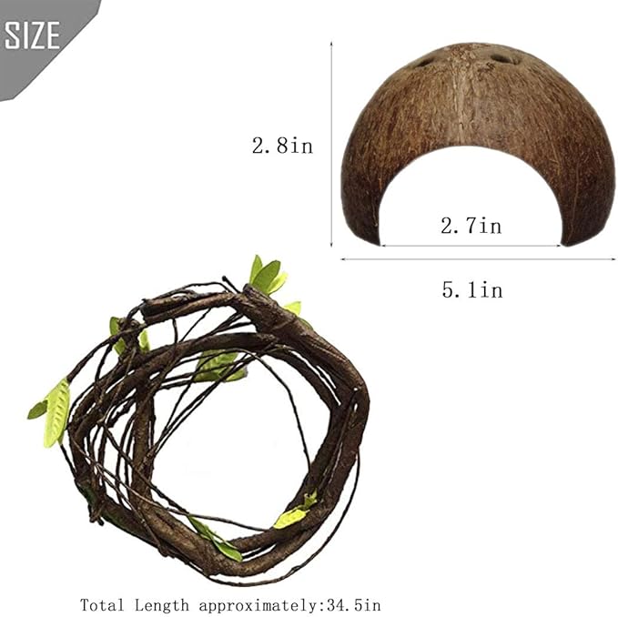 PINVNBY Bearded Dragon Tank Accessories,Lizard Habitat Hammock Reptile Natural Coconut Shell Cave Jungle Climber Bendable Vines Leaves Decor for Gecko Chameleon Snakes Lizards(5 Pcs)