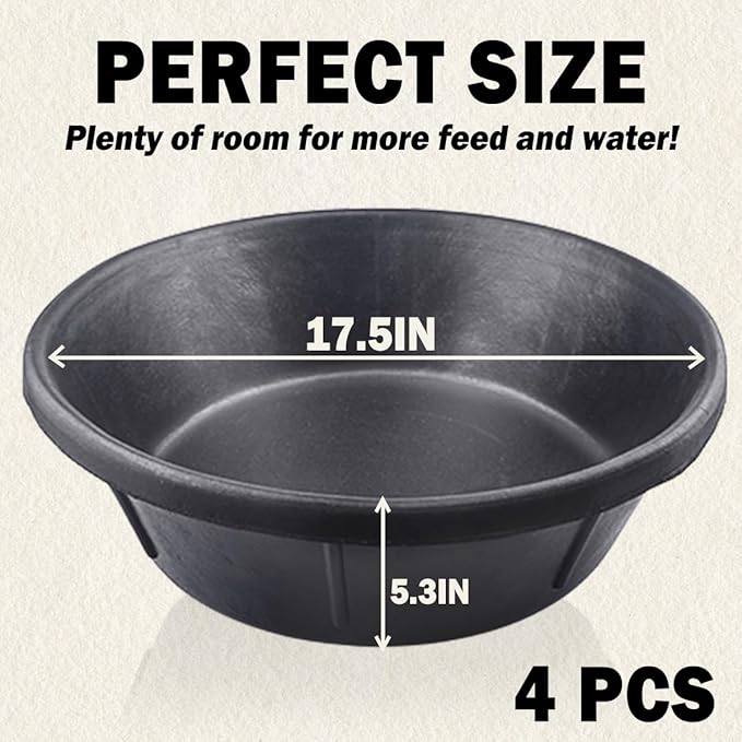4 PCS Rubber Feed Pan, 17.5X5.3in Horse Feed Bucket, 3 Gallon Feed Pan for Horse Cow Sheep Dog Pig Chicken Dust Bath and Other Animal Feed Container