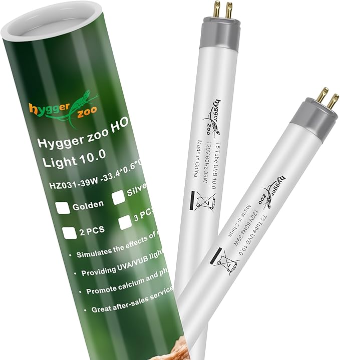 T5 UVB Reptile Light 39W 10.0 + UVA Light Bulb for Reptiles, 2-Pack Lamp Tube for Bearded Dragon, Desert-Grade Reptile UVB lamp Fixture