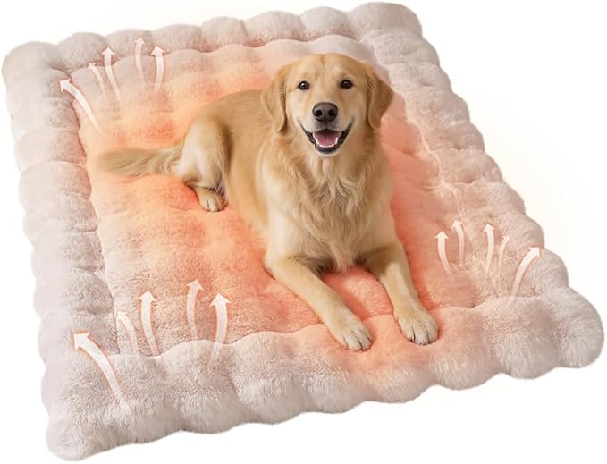 Self-Warming Dog Bed, Plush Faux Fur Mat with Anti-Slip Bottom, Ultra Soft Heated Pet Bed for Medium Large Dogs, Cozy Fluffy Pad for Carriers Couch Crate, Machine Washable, 35 x 27 Inch White