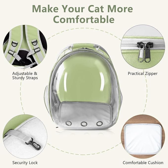 Cat Backpack Carrier Back Expandable Bubble Pet Carrier Backpack for Large Cat, Kitten and Dog, Designed for Hiking, Travelling and Outdoor Use (Back Expandable-LightGreen)