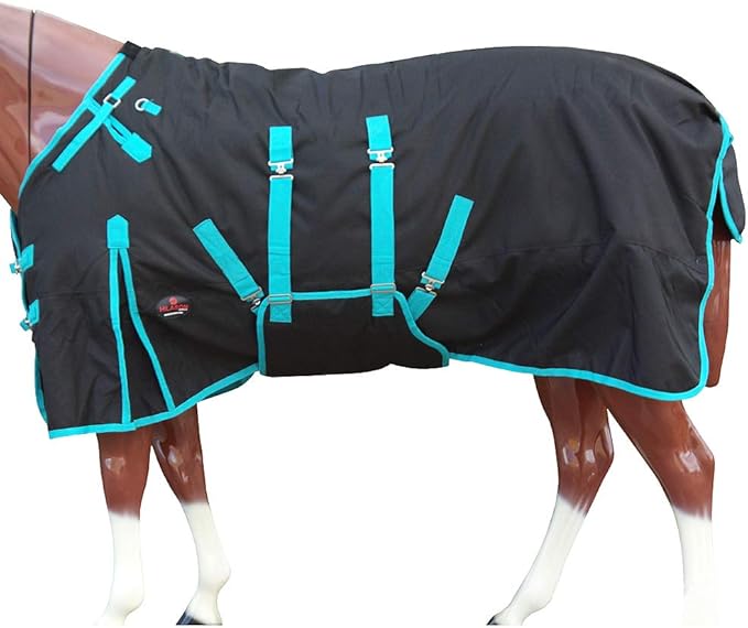 HILASON Black with Turquoise Trims 80 inch 1200D Winter Waterproof Poly Horse Turnout Blanket Belly Wrap