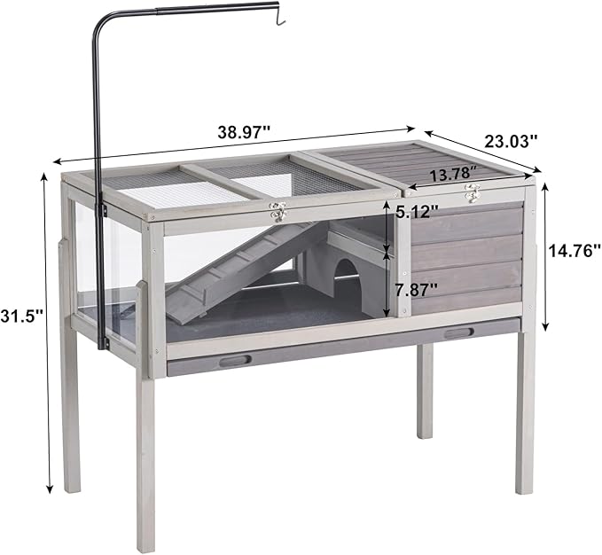 BIRASIL Wood Tortoise Enclosure with Adjustable Light Stand,2-Tier Habitat Reptile Cage with Feeding Area Swimming Area, Turtle House for Small Animals Lizards Hamster (Gray)