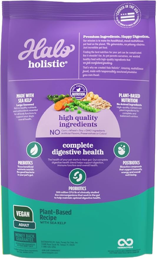 Halo Holistic Vegan Dog Food, Plant-Based Recipe with Kelp, Dry Dog Food, Complete Digestive Health, Kibble for Adult Dogs, 21 lb Bag