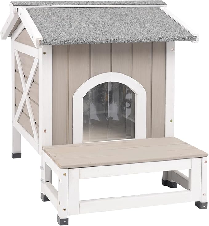 Small Outdoor Cat House Weatherproof, Wooden Cat House with Openable Roof, 2 Doors, Balcony, Outside Indoor Pet Feral Cats Houses Shelter with Elevated Feet for Small Animals, Grey